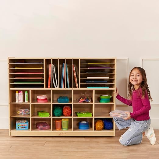 ECR4Kids Multi-Section Mobile Tray Cabinet with Cubby Storage Compartments, Kids Furniture, Natural, 48"D x 13"W x 36"H - Image 11