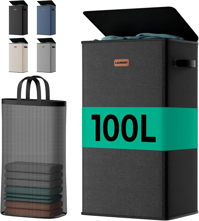 100L Large Capacity Laundry Hamper, Collapsible Laundry Basket Space-Saving, Clothes Hamper with Lid and Removable Bag for Bathroom Bedroom Laundry Room Dorm by MECINFUL