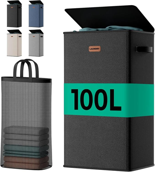100L Large Capacity Laundry Hamper, Collapsible Laundry Basket Space-Saving, Clothes Hamper with Lid and Removable Bag for Bathroom Bedroom Laundry Room Dorm by MECINFUL