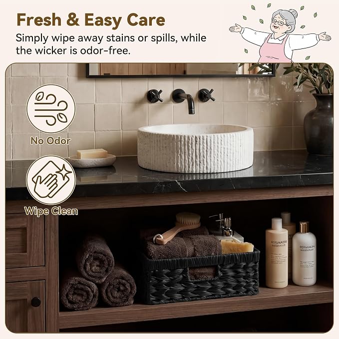 GRANNY SAYS Wicker Baskets for Organizing, Waterproof Black Basket, 1-Pack | Handwoven Wicker Storage Basket for Shelves, Woven Baskets for Pantry Storage, Large Shallow Basket, Black Wicker Basket - Image 3