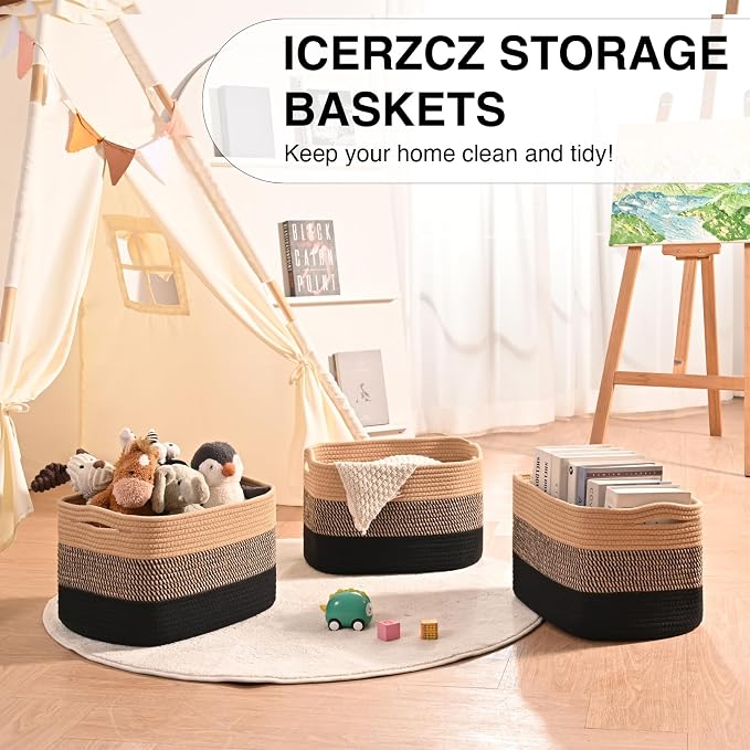 ICERZCZ Storage Baskets for Organizing Shelves, Decorative Baskets for Storage, Woven Cotton Rope Basket for Living Room Bedroom Nursery, 15"x11"x9.5", 3 Packs, Gradient Black & Jute - Image 6