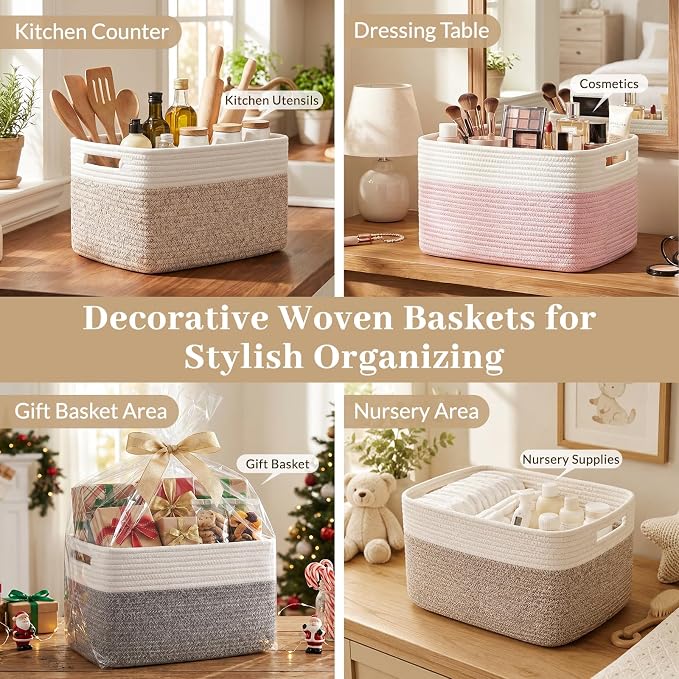 OIAHOMY 4 Pack Storage Basket, 13"x9"x7.8" Cotton Rope Baskets for Shelves, Closet Organizer for Bedroom & Living Room, Soft Decorative Bins for Organizing Towels, Books & Toys, Deep Brown & White - Image 7