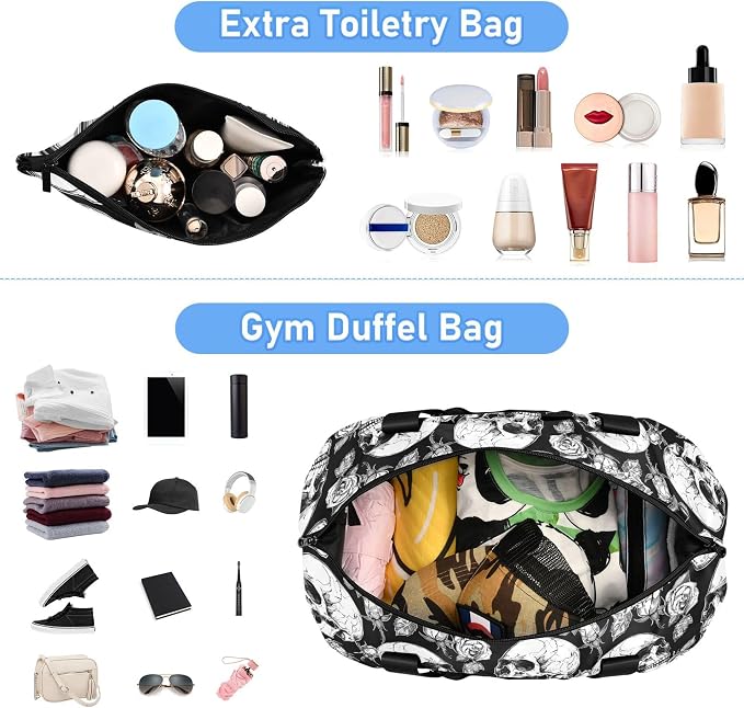 MNSRUU Gothic Skulls and Flowers Sports Duffel Bag with Wet Pocket, Weekender Overnight Bag for Women Men, Gym Bag, Carry On Bag, Hospital Bag for Labor and Delivery - Image 5