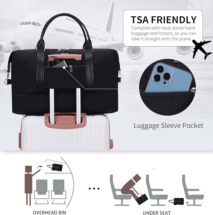 Oeihuivt Weekender Bags for Women - 21 Inch Large Travel Duffel Bag 2-Piece Set with Shoe Compartment, Heavy-Duty nylon & Leather Carry On Overnight Tote (Airplane Approved) - Image 8