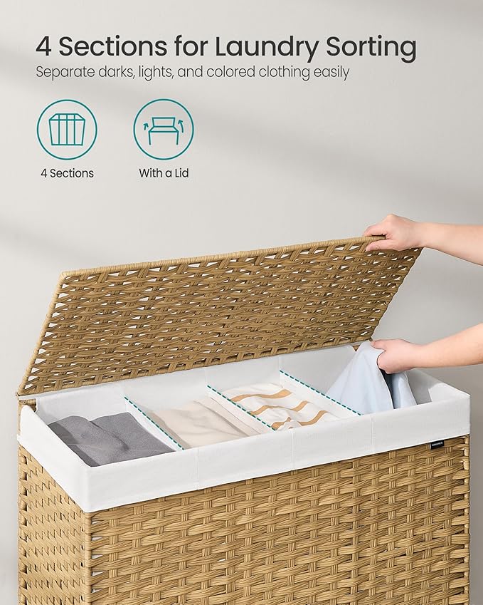 SONGMICS Laundry Hamper with Lid, 55.4 Gallons (210 L), Rolling Laundry Basket with Wheels, 4-Section Synthetic Rattan, Removable Liner, Bedroom, 33.9 x 15.7 x 26 Inches, Natural Color ULCB460Y01 - Image 3