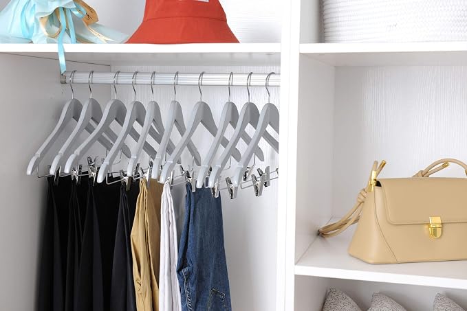 Quality Wooden Semi Curved Skirt Hangers with Clips, 10-Pack Smooth Solid Wood Pants Hangers with Durable Adjustable Metal Clips, Swivel Hook, Coat, Jacket, Blouse Suit Hangers (Gray, 10) - Image 7