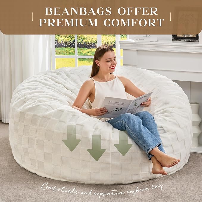 Hobestluk Adults Bean Bag Chair 5FT Big BeanBag Chair Giant Large Oversized | Memory Foam,Washable Cover,Unique Fluffy Plaid,Comfy Big BeanBag with Filler Lounging Reading Bedroom Living Room | White 5FT - Image 6