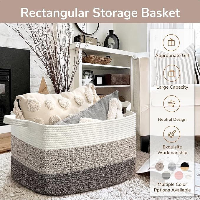 Goodpick Large Woven Rope Blanket Basket, Rectangle, White Brown | 21.6'' x 14.9'' x 11.8'' Storage Basket for Blankets & Toys, Living Room, Bedroom & Nursery Organization, Reinforced Handles - Image 7