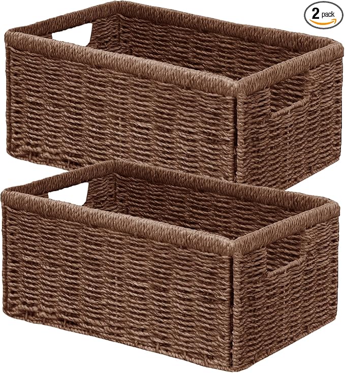 Wicker Storage Basket, Set of 2 Hand Woven Wicker Baskets for Organizing with Handles, Decorative Small Storage Bins for Countertop Toilet Paper Basket for Toilet Tank Top, Shelves, Brown by Vagusicc