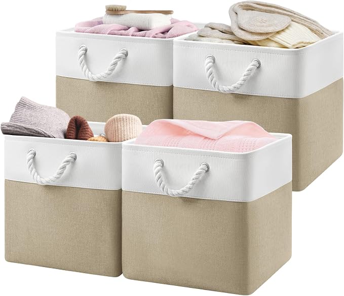 Patvingot 13-Inch Fabric Cube Storage Bins with Handles,4 Pack,Foldable | For cube shelves and closets,keeps grouped for everyday access,reinforced opening and fold-flat storage,white and khaki by Patvingot
