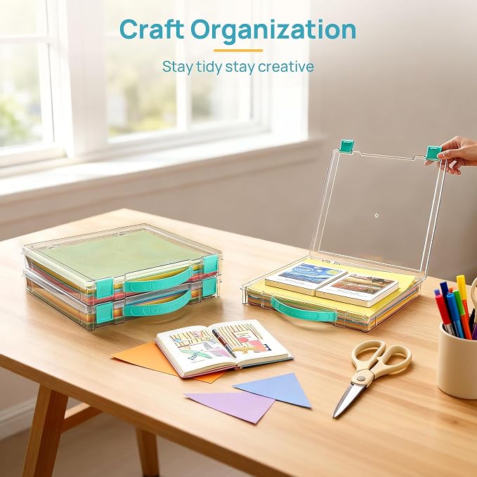 Vtopmart 2 Pack Board Game Storage with Handle and Snap-Tight Latch Lid | Clear Craft Organizer Fit 12" x 12" Papers, Stackable Storage Box for Scrapbook Storage, Art Supply Storage, Puzzle Storage - Image 7