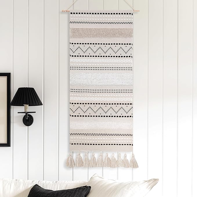 BlissBlush Long Vertical Wall Hanging Tapestry Woven Boho Farmhouse Decor Black Beige Cream Tassel Handmade Wall Art Decoration for Bedroom Living Room Dorm Nursery Apartment, 16x39 INCH by BlissBlush