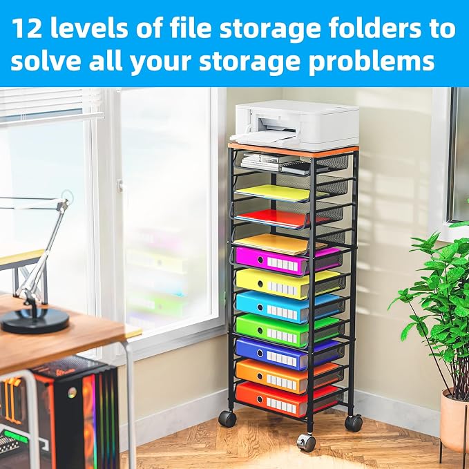 Simple Trending 12-Tier Rolling File Cart, Desk File Organizer with 11 Mesh Sliding Trays, Letter & Legal Paper Storage Rolling Utility Cart for Office Home School, Black - Image 4