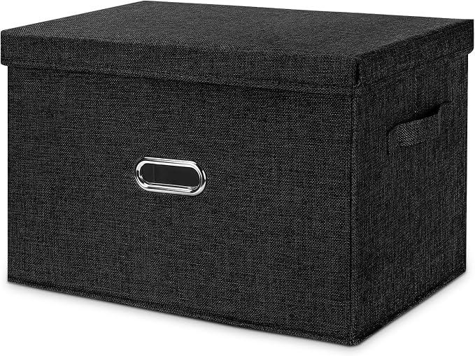 Large Linen Fabric Foldable Storage Bins with Removable Lid and Handles, Washable Storage Box Organizer Containers Baskets Cube with Cover for Bedroom,Office(Black, Small) by Unknown
