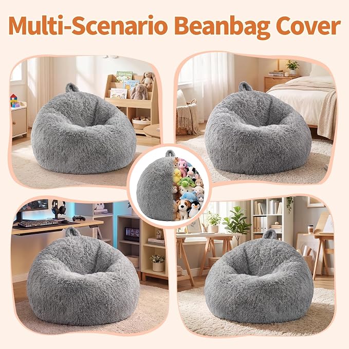 Stuffed Animal Storage Bean Bag Chair Cover, Soft Bean Bag Cover | Fluffy Faux Fur Stuffed Animal Storage Chair, Non-Slip Bottom, Fill with Plush Toys or Blankets, for Adults Teens Kids Girls - Image 7