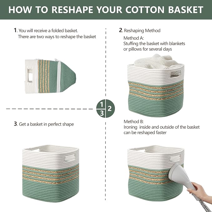 UBBCARE Set of 4 Storage Cubes 11 X 10.5 X 10.5 in, Water Hyacinth Storage Bins for Shelves, Toys, Books, Organizing Baskets with Handles, Cotton Rope Woven Baskets, Green - Image 7