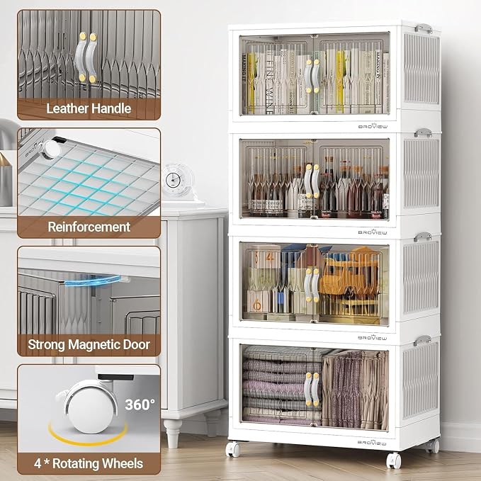 BROVIEW 320Qt Stackable Storage Bins with Lid, Extra Large Closet Organizer Collapsible Drawer Boxes with Wheels, Folding Plastic Cabinet Containers for Home Kitchen Room Organization, 4Pack White - Image 5