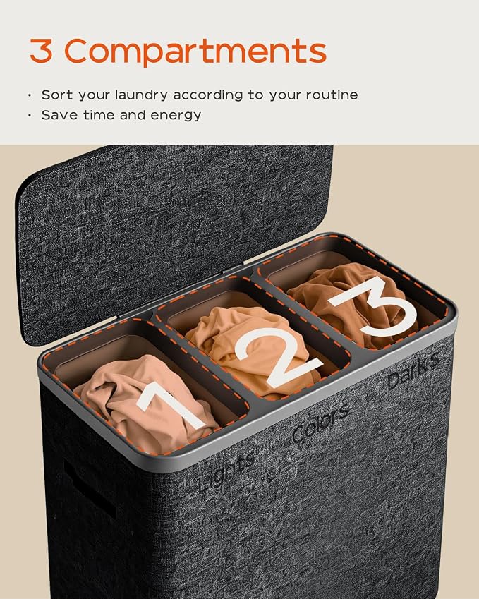 CASAMAYA Laundry Basket with Lid, Laundry Hamper 3 Section, 190L collapsible Laundry Organizer, Easy Assembly,with Handles and Removable Liners, 25.2 x 15.7 x 29.5 Inches, Black JSP904B - Image 5