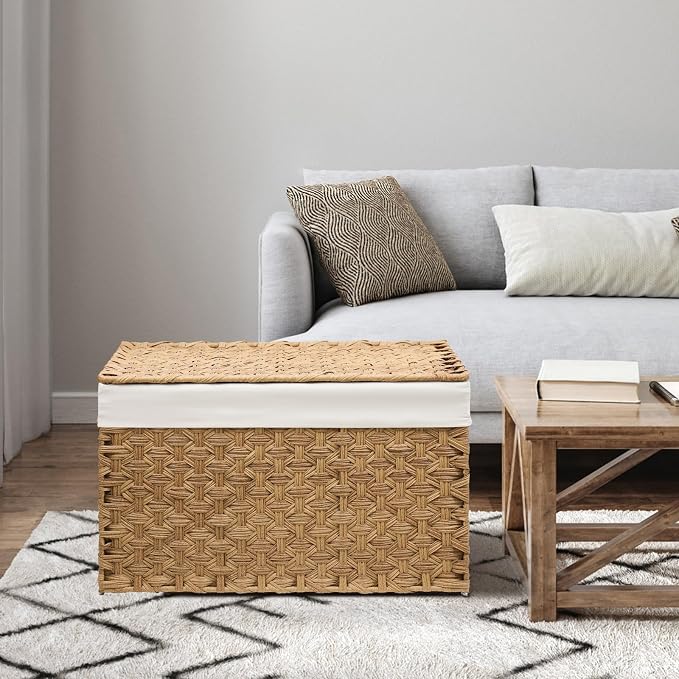 Wicker Storage Basket with Lid, 52.8 Gallon (200L) Large Blanket Basket with Lid, Woven Storage Bin with Handles, Removable Liner, Metal Frame, Foldable, for Bedroom, Laundry Room, Natural - Image 6