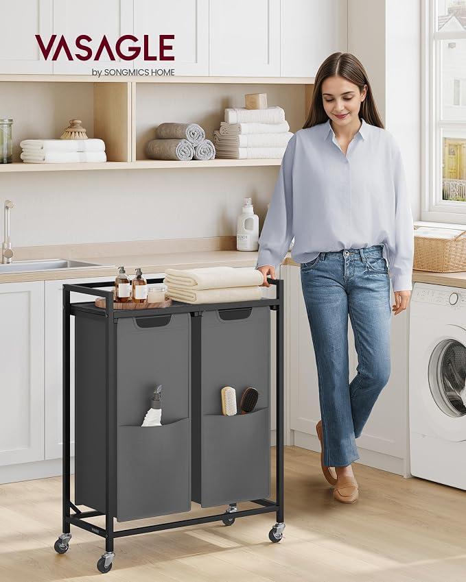 VASAGLE Laundry Sorter, 29 Gal. (110 L) Laundry Hamper Basket with 2 Compartments, Rolling Cart with Wheels, Shelf, Removable Bags, Pockets, Slate Gray and Charcoal Gray UBLH021G01 - Image 2