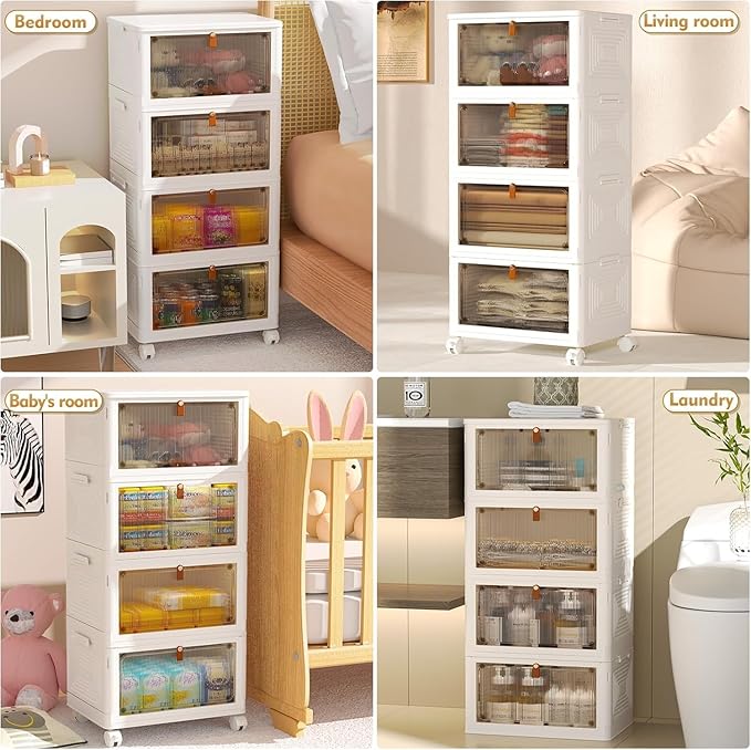 YFXCVSL 4 Tier Plastic Storage Bins with Lid 23QT, Stackable Storage Containers with Wheels, Folding Storage Boxes, Collapsible Storage Bins, Closet Organizers and Storage for Living Room,Office,Dorm - Image 3