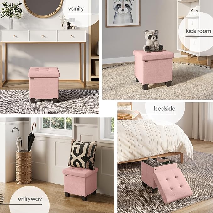 Storage Ottoman Cube with Small Bin, 15-in Square Ottoman with Storage for Living Room and Bedroom, Small Ottomans Foot Rest, Fabric Foot Stools Ottomans Max 330lbs, Pink - Image 5