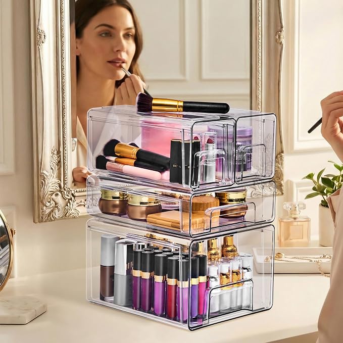 Sorbus Clear Stackable Storage Drawers (1 Large + 1 Medium + 2 Small) | Plastic medicine-cabinet bins with handles and pull-out access for bathrooms, closets, pantries and baby bottles. - Image 2