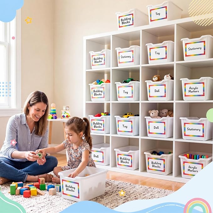 Funrous 72 Pack Plastic Cubby Bins for Classroom, Stackable Storage Bins with Rainbow Labels and Handles Cubby Organizer Containers for Teacher Supplies Home Office Daycare and Playroom (White) - Image 5