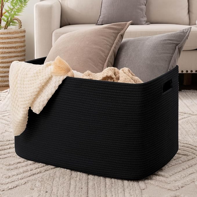 OIAHOMY 118L XXXLarge Cotton Rope Storage Basket, Oversized Blanket Basket, Used for Organizing Dirty Clothes in Living Room, Bedroom, Nursery, Dog Toy Storage Bins, 25" x 17" x 16",Black - Image 2
