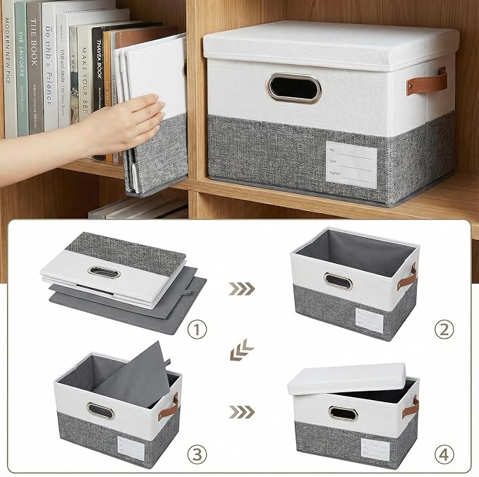 Storage Bins with Lids [3-Pack] Linen Fabric Foldable Storage Boxes Organizer Containers Baskets Cube with Cover for Bedroom Closet Office Grey&White（11.4X8.6X6.7 - Image 4