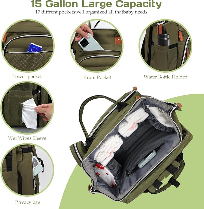 Diaper Bag Backpack for New Parents, Large Capacity Baby Travel Bag with Bottle Holders, Multiple Compartments (Green) - Image 2