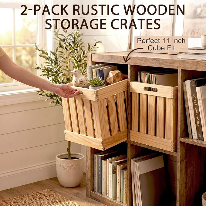 2 Pack Wood Crates Large Wooden Storage Cubes with Handles Rustic Handmade Baskets Farmhouse Decorative Cubes Boxes Containers Organizing Bins for Display Toy Clothes Book, 11 x 11 x 11 Inch - Image 4