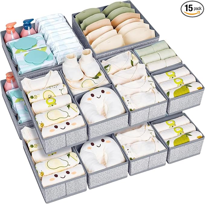 DIMJ Drawer Organiser System Underwear Organiser – Set of 15 Wardrobe Storage Box Cabinet, Changing Table Organiser, Fabric Boxes Storage for Clothes, Socks, Texture Grey by DiMJ