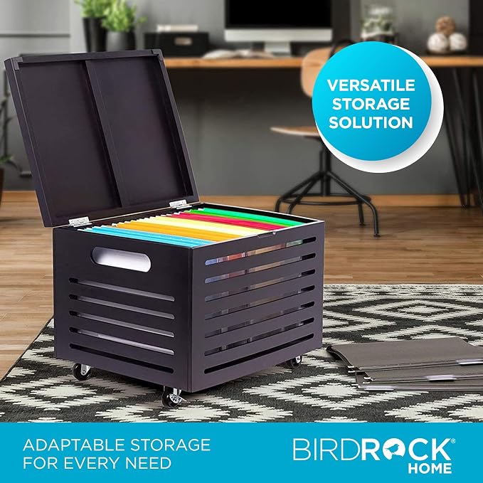 BIRDROCK HOME Bamboo Rolling File Storage Organizer Box with Lid - Decorative File Cabinet on Wheels, Portable File Box on Wheels, Mobile Filing Solution - Grey - Image 3