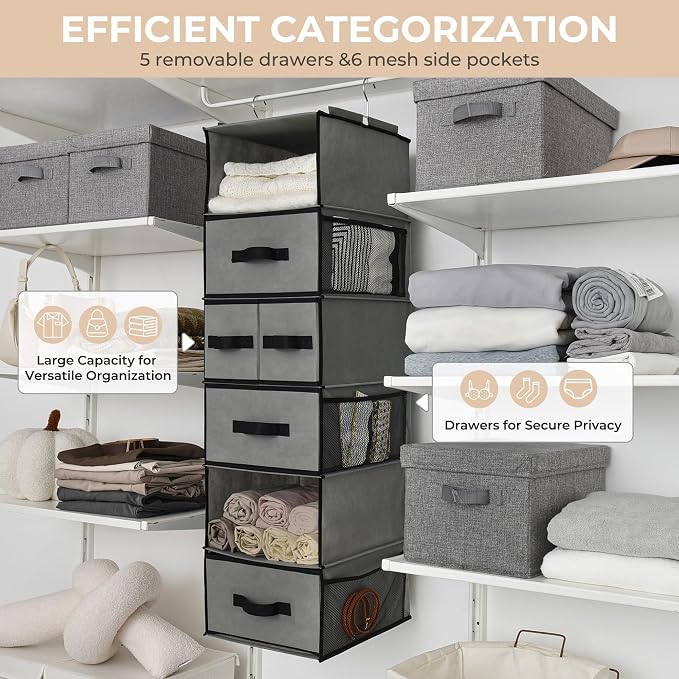 GRANNY SAYS Hanging Closet Organizer, 5 Drawers, 6 Shelves, 6 Pockets, Gray | Hanging Closet Organizer with 5 Different Drawer Designs, 6 Shelves & Reinforced Structure for Organized Small Spaces - Image 5