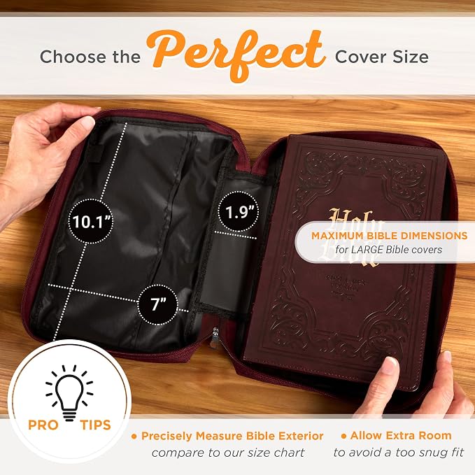 Christian Art Gifts Polyester Bible Cover for Men & Women w/Jesus Fish Patch, Secure Zipper Pocket, Pen Loops, Easy Carry Stationery Book Case, Accessories, Burgundy, Large - Image 8
