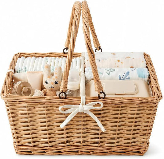 Wicker Diaper Caddy Organizer, Woven Rattan Diaper Caddy Basket with Removable Divider for Changing Table, Portable Car Organizer for Diapers Storage, Baby Shower Gifts by Unknown
