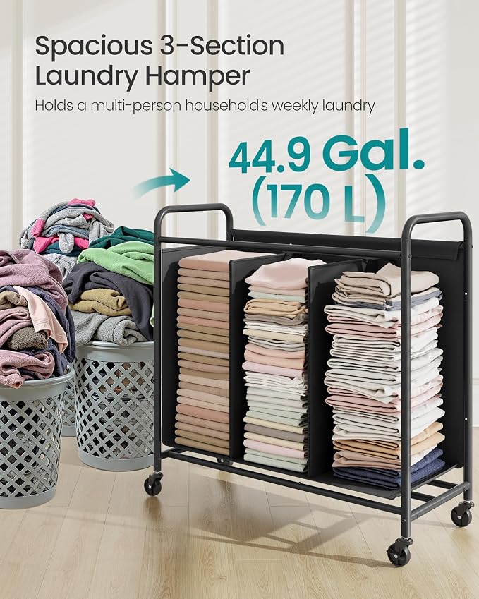 SONGMICS 3-Section Laundry Sorter, Laundry Hamper with Wheels, Rolling Clothes Hamper Cart with Large Capacity and Removable Bags, for Laundry Room, Bedroom, Bathroom, Ink Black URLS330B01 | Rolling Clothes Hamper Cart, Large Capacity, for Laundry Room... - Image 3