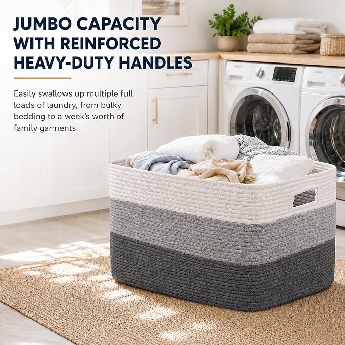 OIAHOMY Blanket Basket Laundry Basket Dog Toy Basket 75L Dark Grey | Large Storage Basket,Baby Basket,Toy Storage,Woven Rope Basket for Blankets,Blanket Storage for Living Room - Image 6