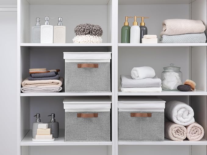 StorageWorks Fabric Storage Bins with Lids, Closet Storage Bins | Lidded Dust-proof, Easy Pull Handles, Foldable, Stackable, Ideal for Clothes Blanket Towel, Jumbo, Gray and White, 3-Pack - Image 7