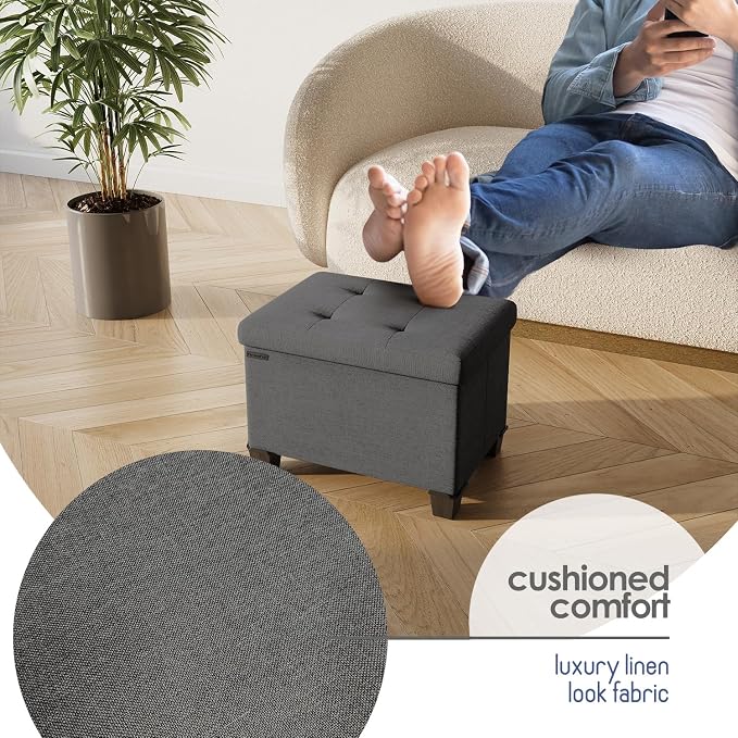 Storage Ottoman Cube with Small Bin, 16-in Square Ottoman with Storage for Living Room and Bedroom, Small Ottomans Foot Rest, Fabric Foot Stools Ottomans Max 330lbs, Grey - Image 7