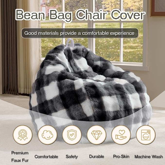 Fluffy Faux Rabbit Fur Bean Bag Chair Cover(No Filler),Cozy Shaggy Bubble Stuffed Animal Storage Large Bean Bag Cover for Bedroom Living Room,Fuzzy Bean Bag Cover Girls Teens Adult,Black/White - Image 2