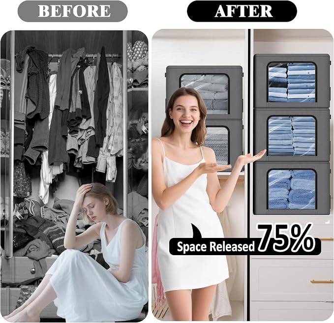 GuliPostan 3 Pack 40L Stackable Clothes Storage Bins with Metal Frame Handles & Zipper, Collapsible Closet Organizer Box with Lid for Bedding Blankets Towel (Dark Grey) - Image 6