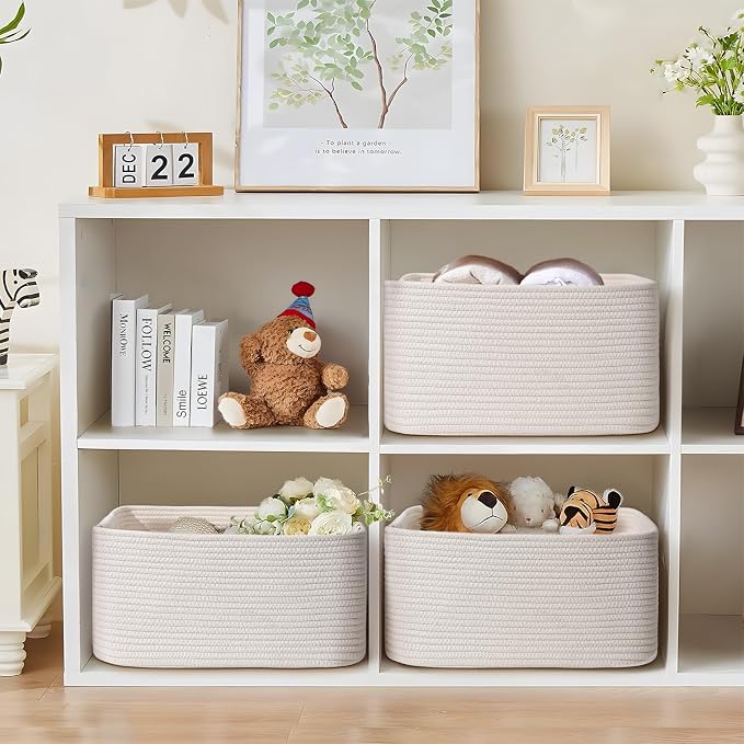 4 Pack Large Storage Basket for Organizing, 17.5"x13"x7" Woven Basket for Shelves, Closet Cube Storage Bins with Wrapped Handle, Cotton Rope Baskets for Kitchen, Clothes, Toys(Off White) - Image 4