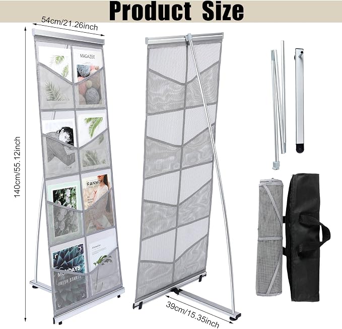 Outus Mesh Literature Brochure Holder with 8 Pocket Portable Magazine Display Roll Up Magazine Rack Lightweight Floor Standing Catalog Office Brochure Display Stand for Business Trade Shows - Image 3