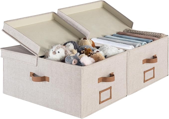 StorageWorks Extra Large Storage Bins with Lids, 55L Decorative Organizer with Divider Board, Fabric Boxes with Handles, Mixing of Brown & Beige, 2-Pack by StorageWorks