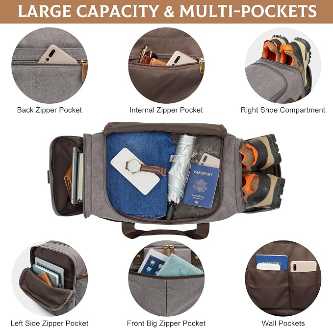 S-ZONE Canvas Duffel Bag for Travel Weekender Overnight Travel Bags for Men | Cotton Canvas, 45L Large Size, Shoes Compartment,Multi-Pocket, Removable Shoulder strap for Gym or Business, Light Gray - Image 3