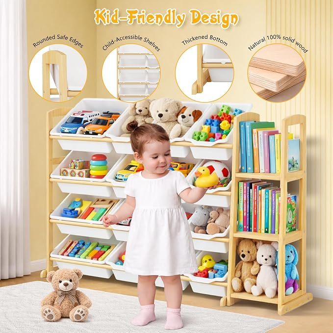 Kids Toy Storage Organizer with Bookshelf – Wooden Shelf with 16 Bins & 3 Shelves, Quick Assembly Storage Rack for Playroom, Bedroom, Nursery - White - Image 3