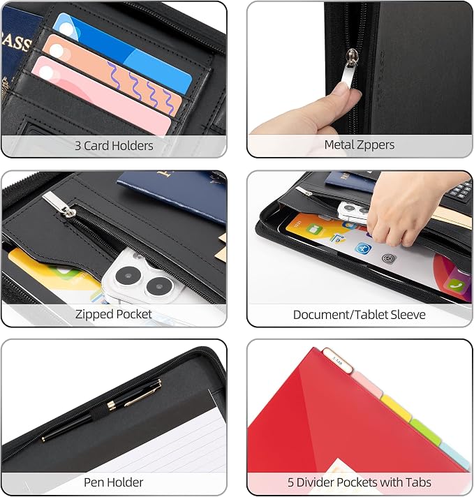 Ospelelf Zippered Padfolio Portfolio Folder, Leather Clipboard with Storage, 3 Ring Binder 1 Inch,12.1” Tablet Sleeve, 5 Dividers with Pocket, Refillable Notepad, Card Slot (Classic Black) - Image 4