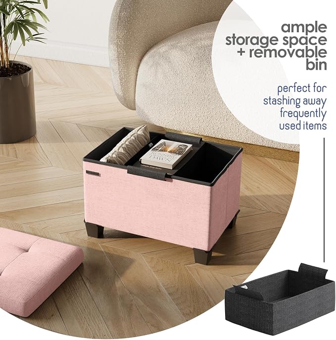 Storage Ottoman Cube with Small Bin, 16-in Square Ottoman with Storage for Living Room and Bedroom, Small Ottomans Foot Rest, Fabric Foot Stools Ottomans Max 330lbs, Pink - Image 3